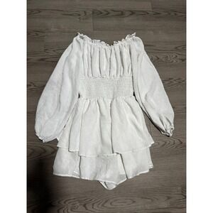 White Swiss Dot Off The Shoulder Romper Smocked Waist Long Sleeve Ruffle Skort